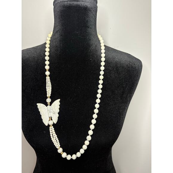 Natural White  Howlite Quartz Beaded Butterfly Necklace - Picture 2 of 5